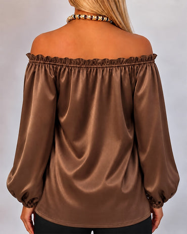 Women's Off Shoulder Satin Frill Trim Tie Front Lantern Sleeve Top
