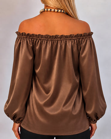 Women's Off Shoulder Satin Frill Trim Tie Front Lantern Sleeve Top