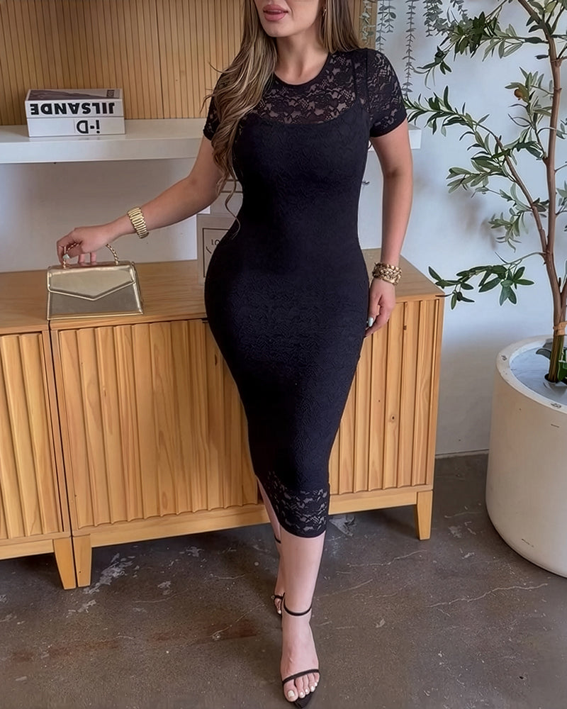 2 Pieces Outfit Short Sleeve Slim Fit Mid-length Lace Dress with U-Neck Adjustable Spaghetti Straps Cami Dress