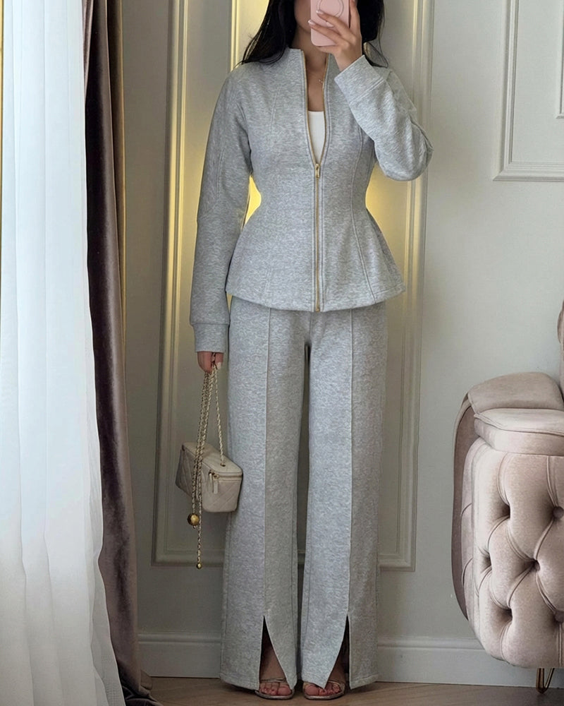 Women's French Style 2 Piece Tracksuit Set Peplum Zip-Up Tied Detail Jacket and Slit Hem Wide Leg Pants