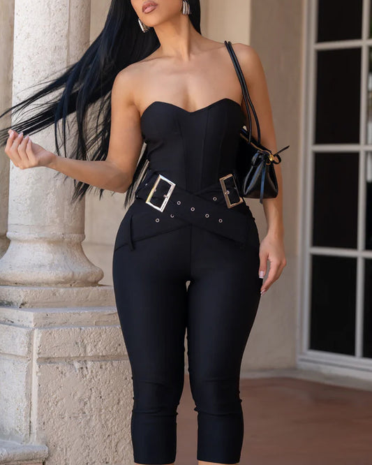 Women's Strapless Tube Corset Capris Jumpsuit Slim Fit Criss Cross Eyelet Buckle Overalls with Detachable Clear Straps