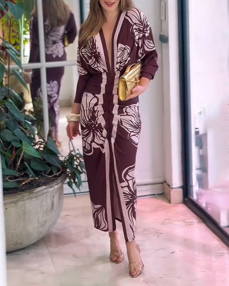 Floral Print Batwing Sleeve Plunge V Neckline Maxi Dress Elegant Ruched Slit Bodycon Dress