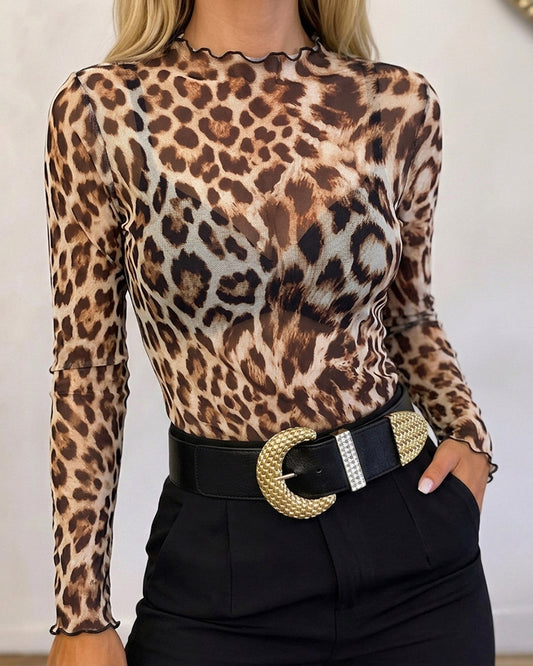 Women's Leopard Print Sheer Mesh Top Frill Trim Mock Neck Long Sleeve Tee