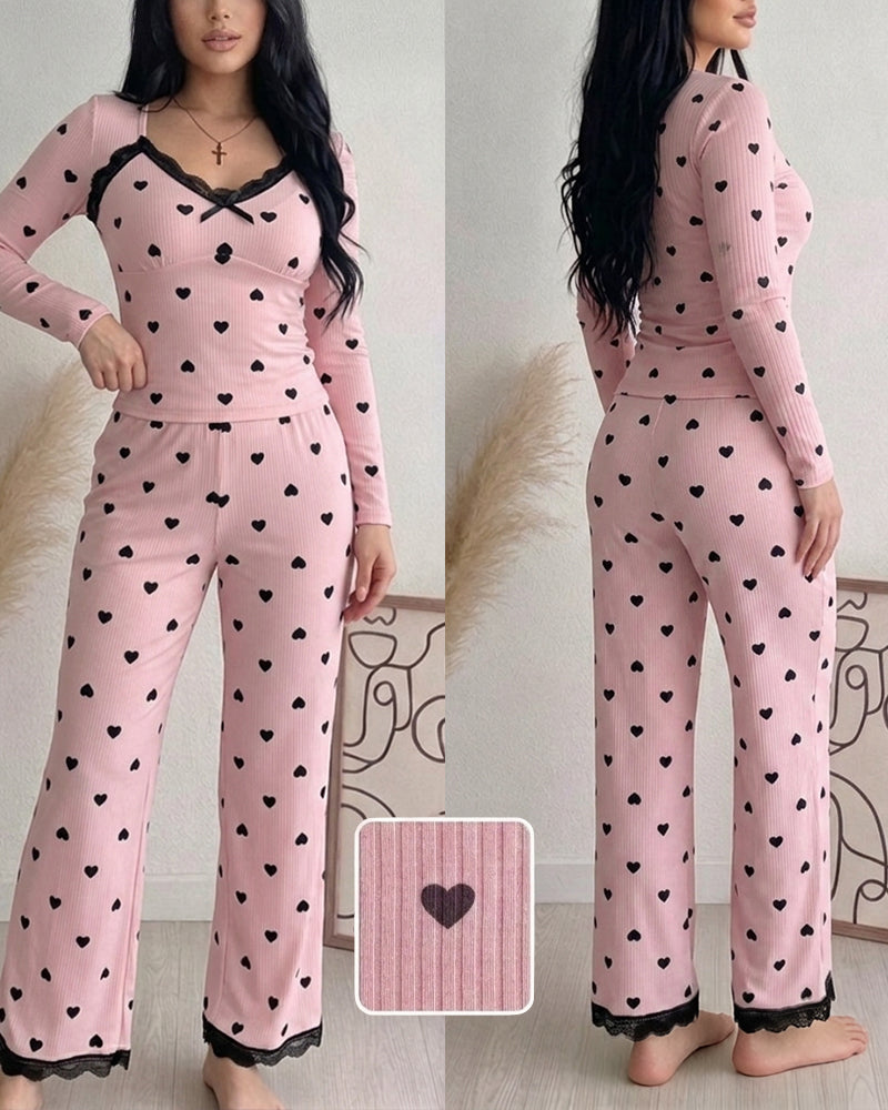 Women's Heart Print Lace Trim Ribbed Loungewear Set Long Sleeve Top and Wide Leg Pants Sweet Pajama Set