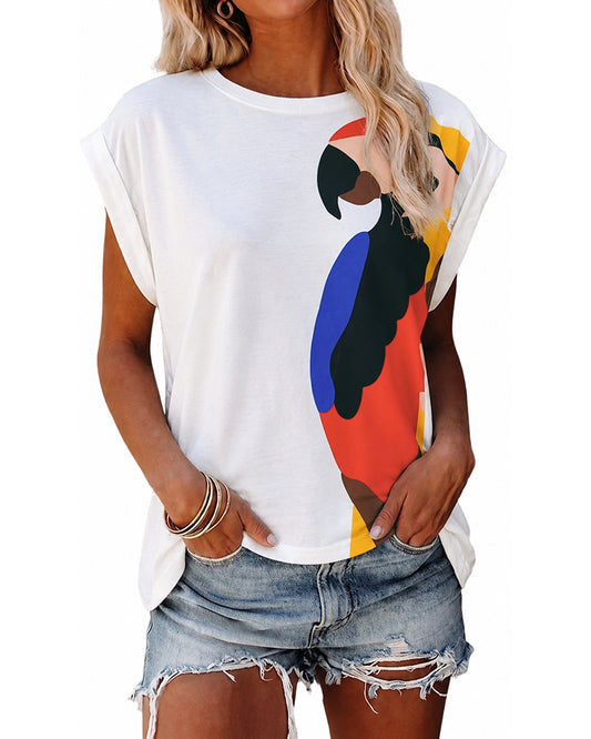 Women's Parrot Graphic Tee Loose Crewneck Cuffed Cap Sleeve T-Shirt Casual Top