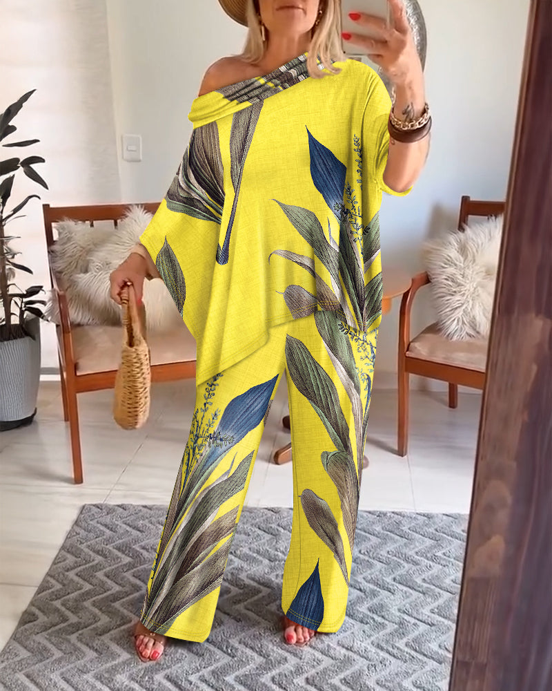 2 Pieces Outfit Plants Print Cold Shoulder Batwing Sleeve Top and Casual Wide Leg Pants Set