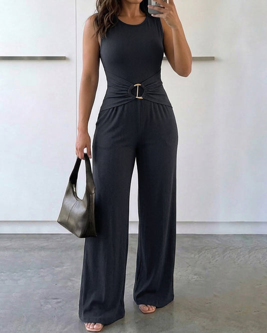 Women's Hollow-out Ribbed Wide Leg Jumpsuit Sleeveless Gold Ring Overalls
