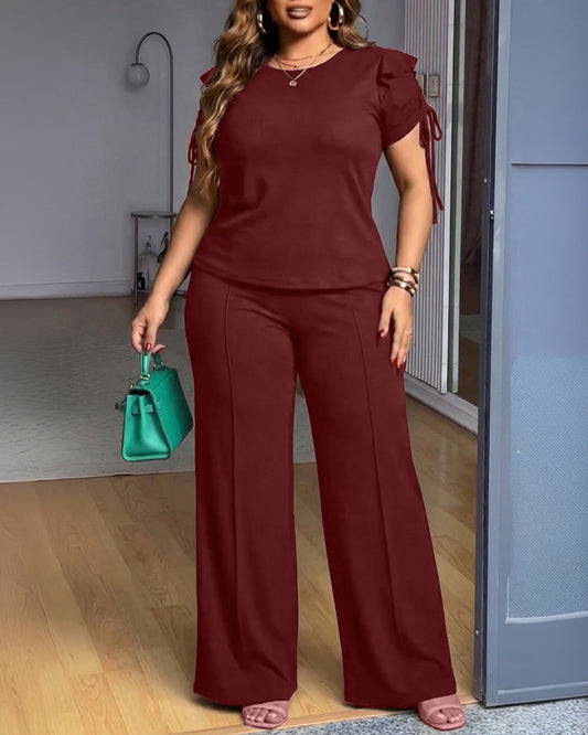 2 Pieces Outfit Ruffles Decor Drawstring Short Sleeve Top and Casual Elastic Waist Seam Front Wide Leg Pants Set