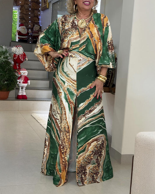 Landscape Print V Neck Lantern Sleeve Front High Slit Maxi Dress Casual Cinched Waist Vacation Dress