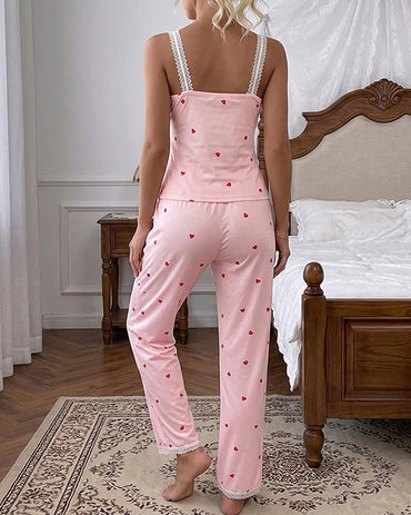 Women's 2 Piece Heart Print Pajama Set Lace Trim U-Neck Cami Top and Pants Sweet Lounge Set with Pockets
