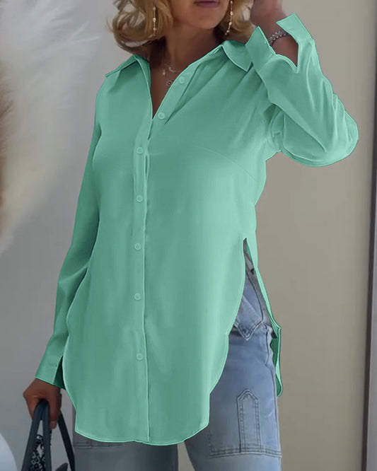 Turn-down Collar Roll Up Sleeve Button Front Shirt Casual Side Slit Curved Hem Top