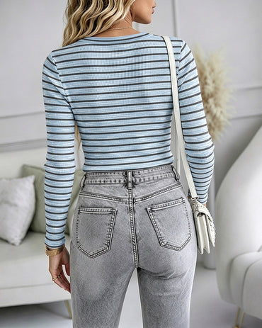 Women's Striped Henley Ribbed Long Sleeve Top Slim Fit Tee
