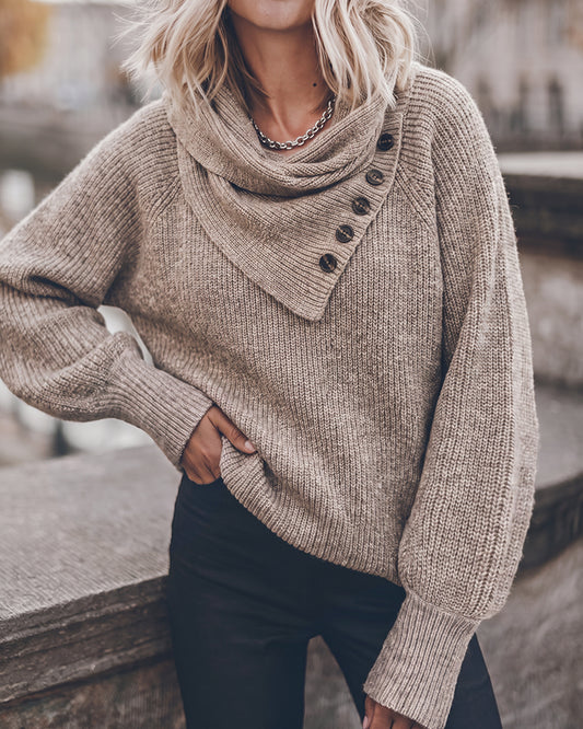 Women's Wrap-Style Cowl Collar Knit Sweater Casual Pullover