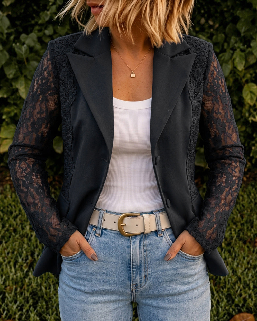 Women's Lace Patchwork Blazer Elegant Sheer Sleeve Single Breasted Coat