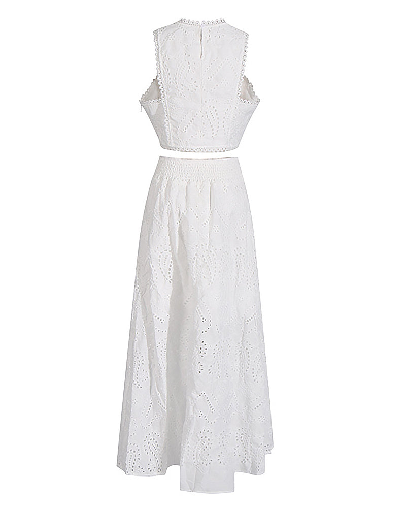 2 Pieces Outfit Sleeveless Hollow-out Back Zipper Side Crop Top and Casual High Waist Elastic Back Waist A Line Skirt Set Casual Lace Hollow Out Pattern Set