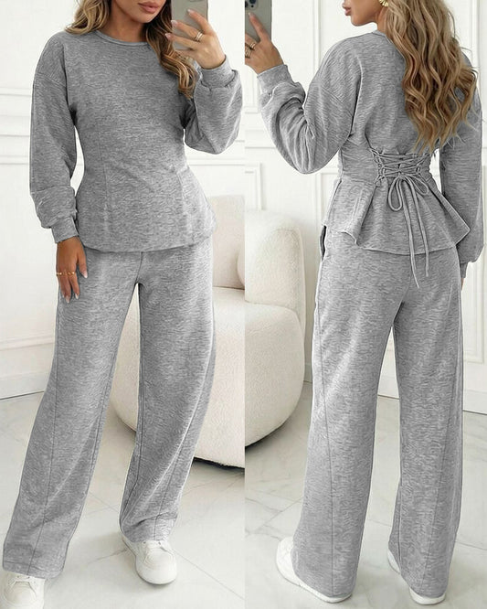 Women's 2 Piece Sweatsuit Set Long Sleeve Back Lace Up Pullover and High Waist Wide Leg Pants Lounge Tracksuit with Pockets