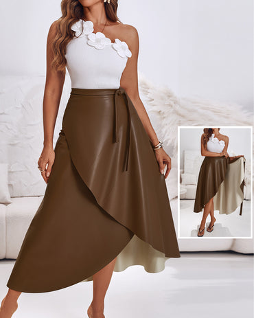 PU Leather Wrap Lace-Up Casual Mid-Length Skirt Work Skirt
