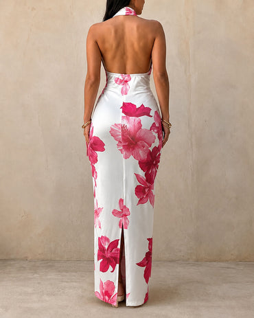 Women's Tropical Floral Halter Maxi Dress Deep V Neck Backless Ruched Wrap Draped Party Dress Elegant Slit Evening Gown