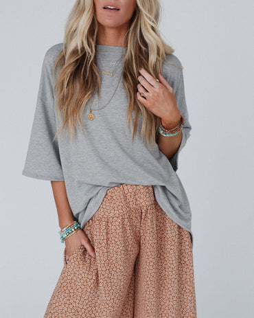 Women's Crewneck Drop Shoulder T-Shirt Back Ruffle Slit Half Sleeve Loose Casual Top