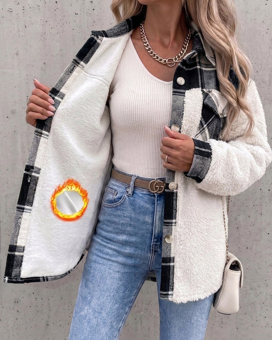 Veste polaire à carreaux pour femmes, veste décontractée à manches longues boutonnée en fausse peau de mouton