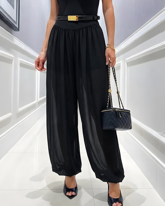 Women's Summer Sheer Lantern Pants High Waisted Flowy Chiffon Trousers with Built-in Shorts