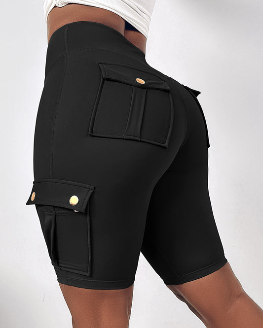 Tummy Control Butt Lifting Active Shorts High Waist Flap Pocket Workout Bermuda Cargo Running Shorts