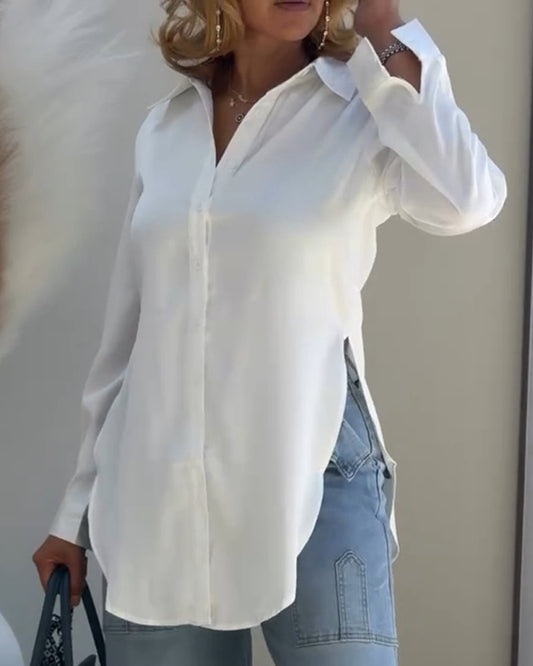 Classic Plain Long Sleeve Blouse with Turn-down Collar Casual Button Front Slit Top