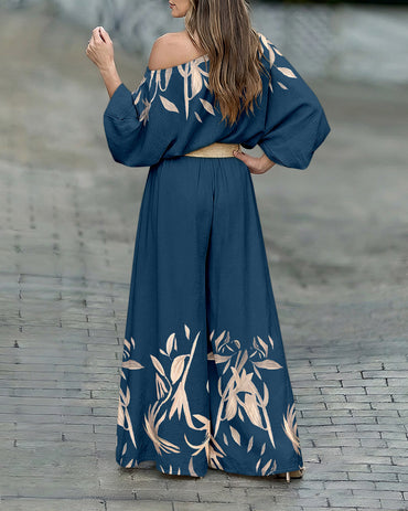 2 Pieces Outfit Skew Neck Batwing Sleeve Top and Zipper Fly Elastic Back Waist Wide Leg Pants Set Casual Plants Print Loose Fit Set without Belt