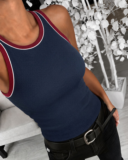 Camiseta sin mangas con espalda cruzada y ribete en contraste vintage de canalé elástico para mujer