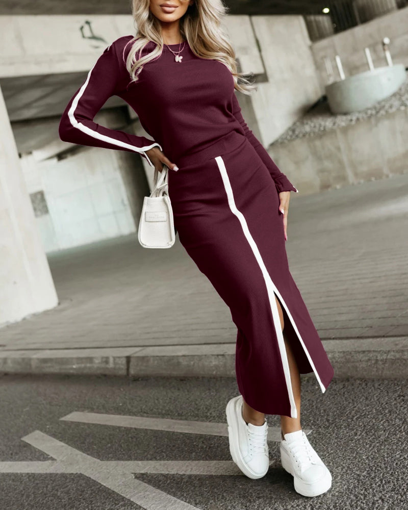 2 Pieces Outfit O-Neck Long Sleeve Slit Cuffs Top and Elastic Waist Slit Front Skirt Set Casual Contrast Striped Set