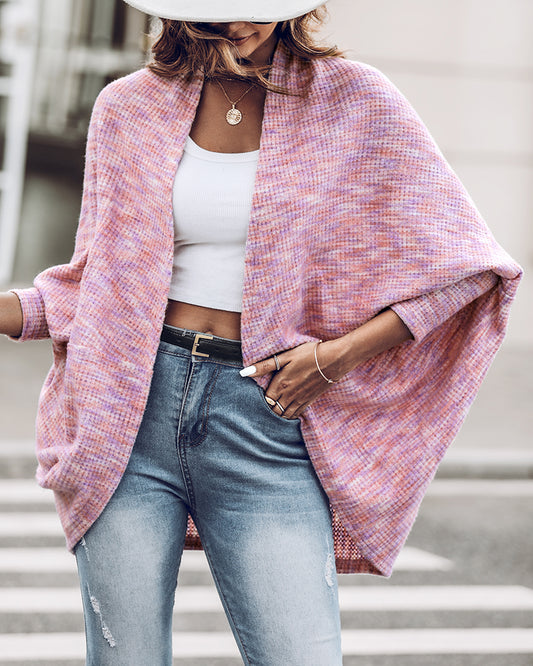 Colorful Waffle Knit Open Front Coat Batwing Long Sleeve Cardigan