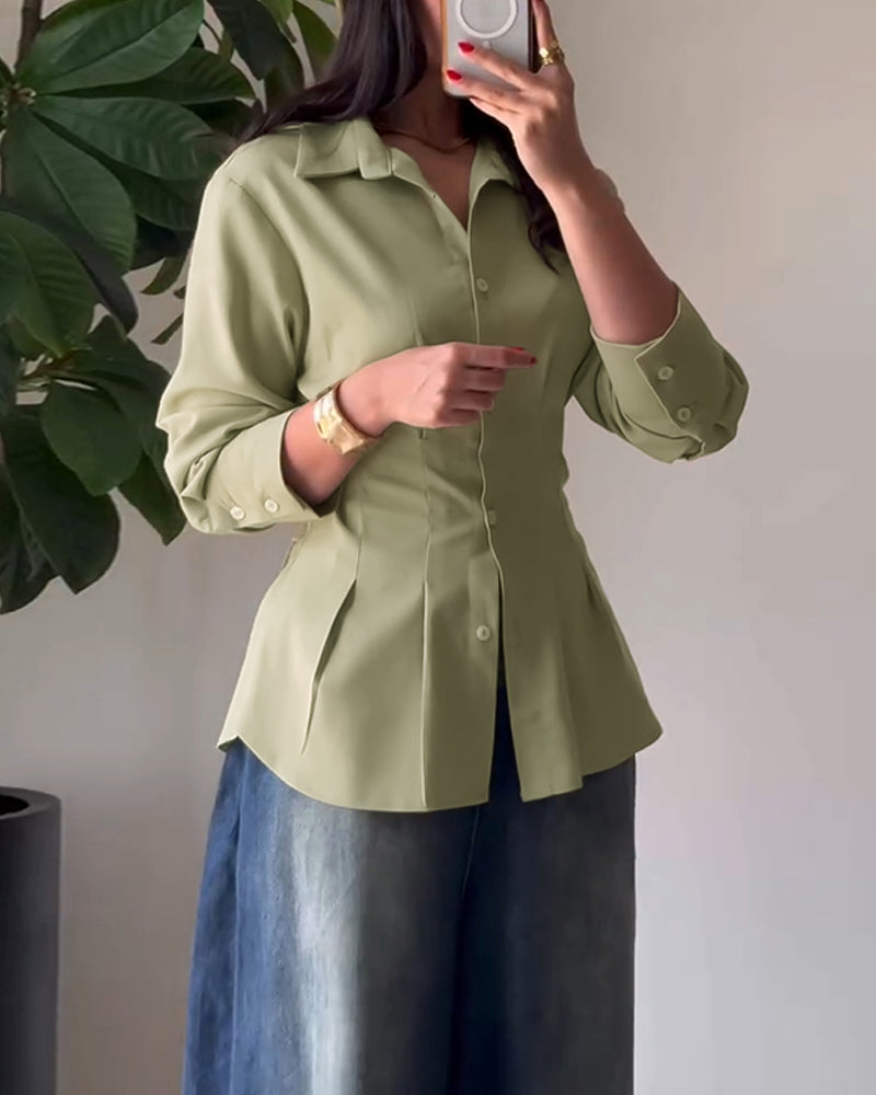 Turn-down Collar Long Sleeve Button Front Blouse Casual Back Criss Cross Tied Detail Fishtail Shirt