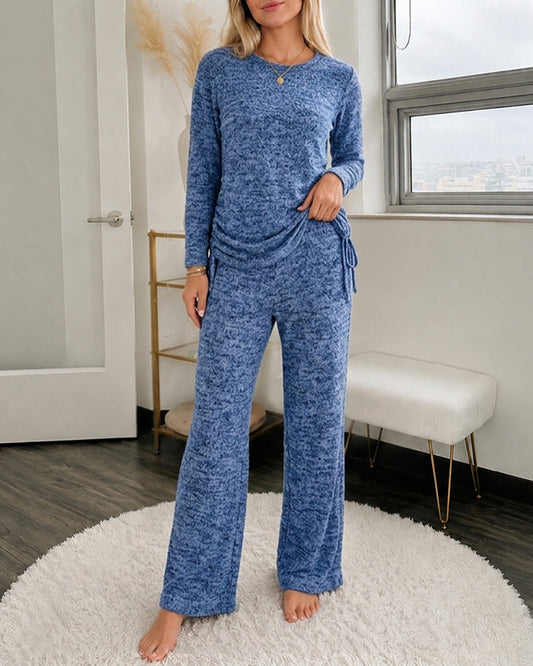 Women's 2 Piece Knit Outfits Crewneck Side Drawstring Long Sleeve Top and Wide Leg Pants Casual Loungewear