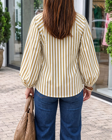 Women's Vintage Striped Lace-Up V-Neck Lantern Sleeve Blouse