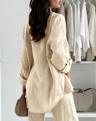 Women's Button Down Shirt Loose Fit Roll-Up Sleeves Textured Blouse Long Sleeve Casual Top