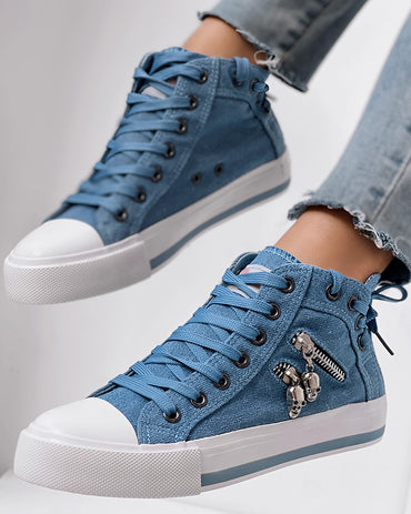 Metal Skull Decor Zipper Side Lace-up Casual Flat Denim Look Sneakers