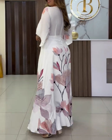 Floral Placement Print Deep V Neck Bell Sleeve Vacation Dress Casual Zipper Back Cinched Waist Maxi Dress With Lining