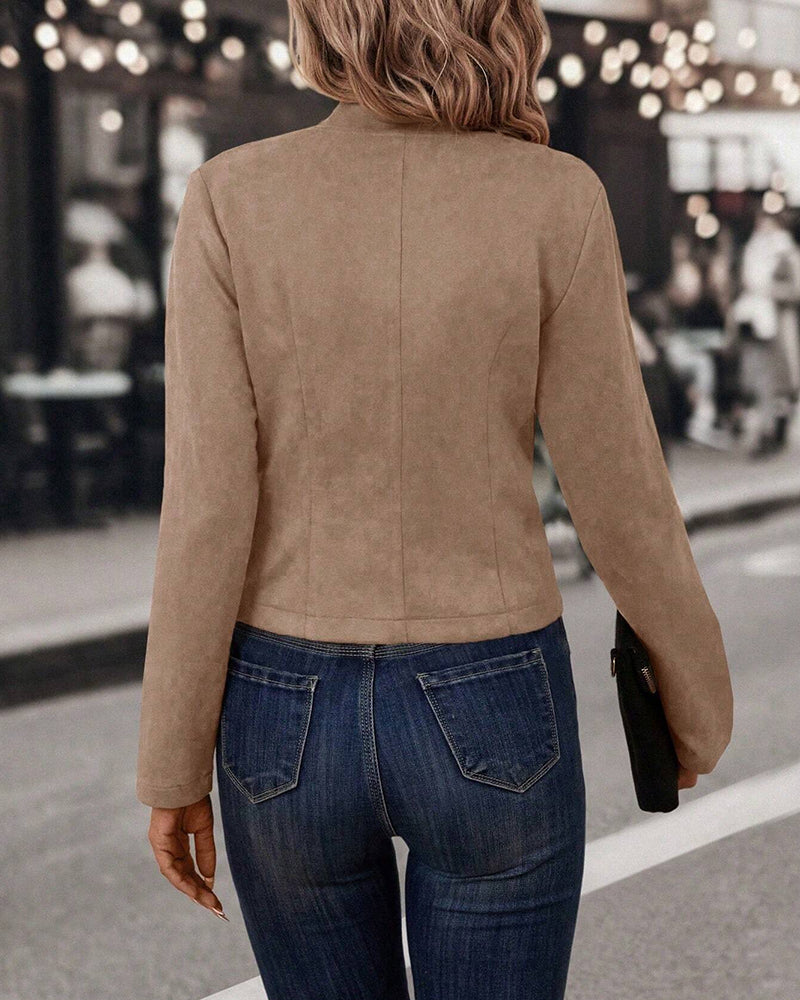 Faux Suede Stand Collar Jacket Open Front Button Decor Casual Coat