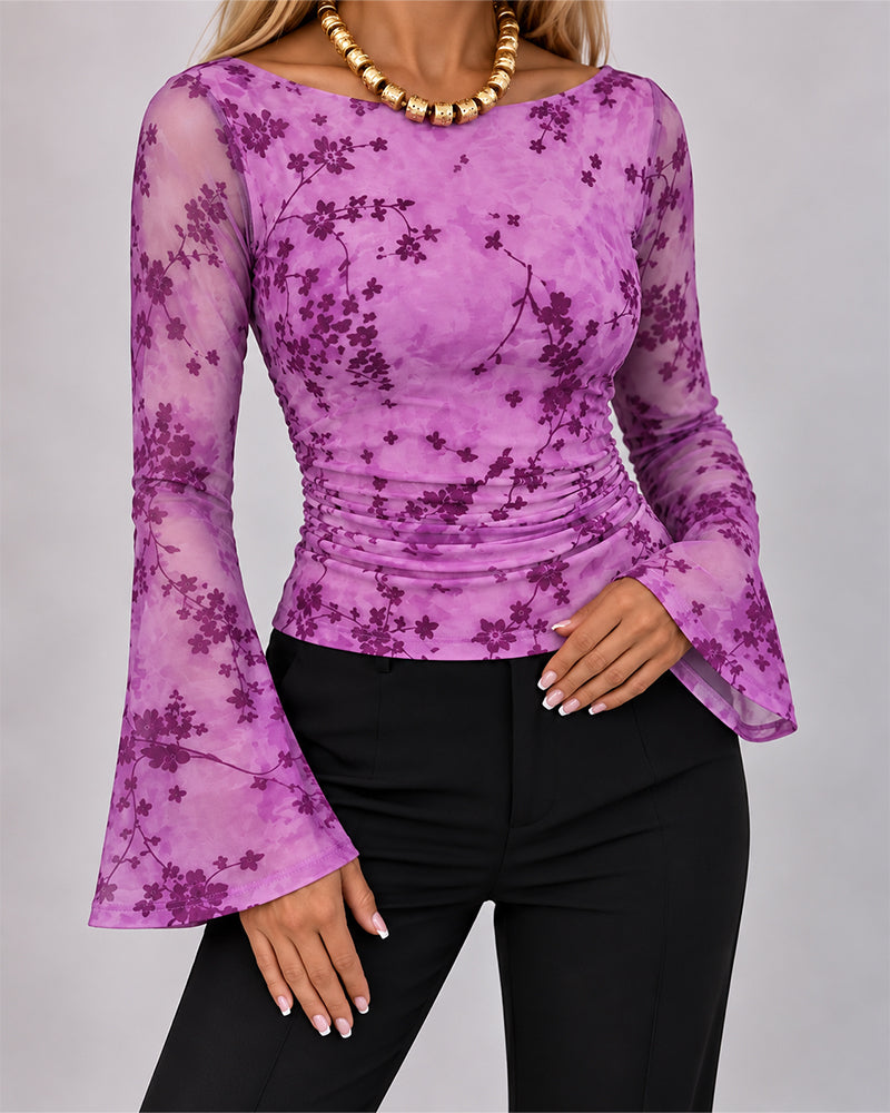 Women's Flocked Floral Boat Neck Sheer Mesh Flare Sleeve Ruched Slim Fit Top