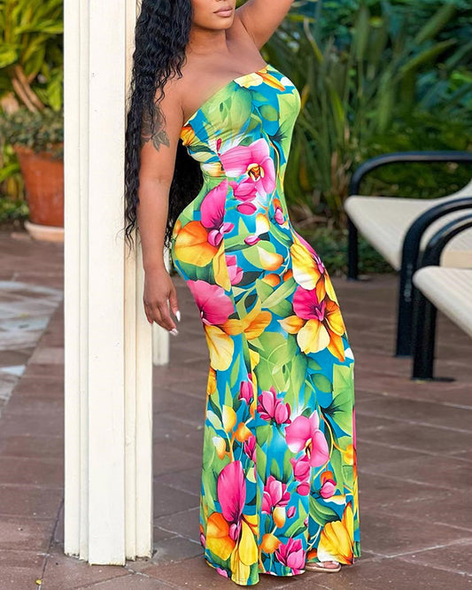 Floral Plants Print Bandeau Mermaid Dress