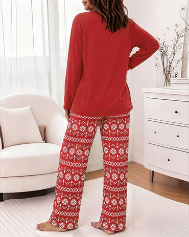Women's Two Piece Pajamas Set Christmas Tree Slogan Print Top and Fair Isle Print Pants Casual Lounge Set