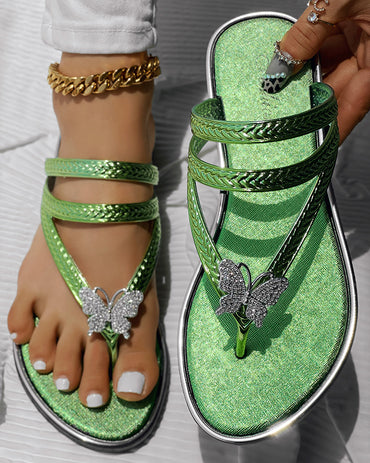 Butterfly Pattern Rhinestone Toe Post Flip Flops