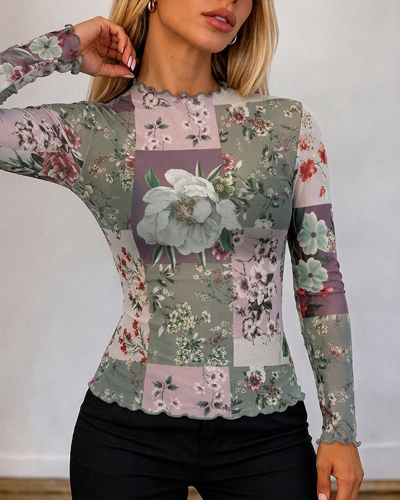 Women's Sheer Mesh Floral Print Mock Neck Frill Trim Long Sleeve Top