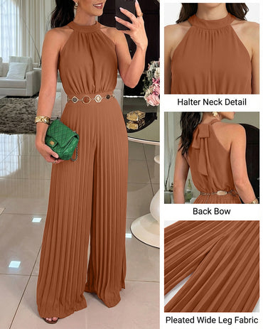 CHICME Women's Halter Tie Wide Leg Jumpsuit Pleated High Waist One-Piece Romper Elegant Sleeveless Evening Party Jumpsuit without Waist Chain