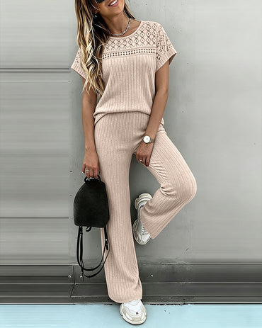 Women's 2 Piece Knit Set Lace Patchwork Short Sleeve Top and Wide Leg Pants Casual Ribbed Brushed Lounge Set