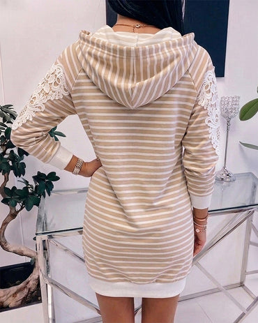 Women's Striped Lace Hooded Sweatshirt Dress Casual Long Sleeve V-Neck Mini Dress Pullover Dress with Pocket