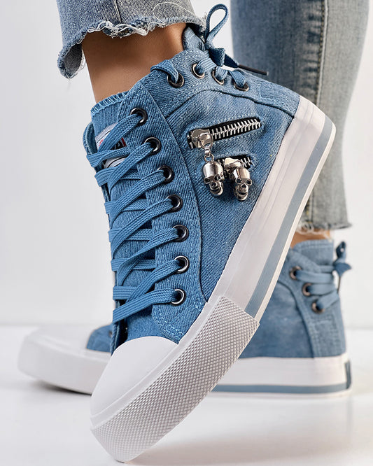 Metal Skull Decor Zipper Side Lace-up Casual Flat Denim Look Sneakers