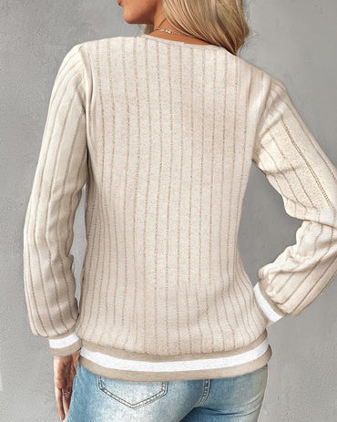 V-Neck Long Sleeve Pit Stripe Causal T-shirt