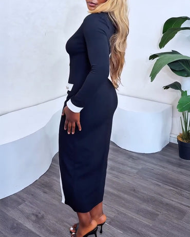 Pearls Button Decor Contrast Paneled Turn-down Collar Slit Front Dress Zipper Side Flap Detail Slim Fit Commuting Dress