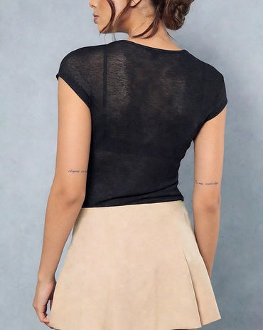 Round Neck Cap Sleeve Semi-Sheer Minimalist Slim Fit Top